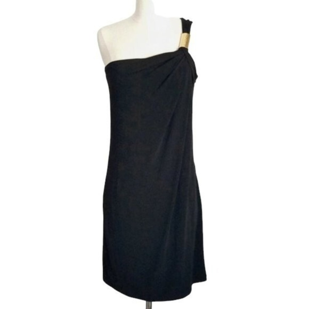 NWT Michael Kors Silky Black Cocktail Dress- One Shoulder Gold Ring- Size 4